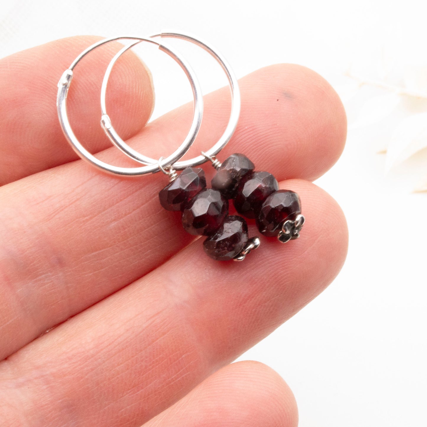 Garnet rondelle dangle hoop earrings