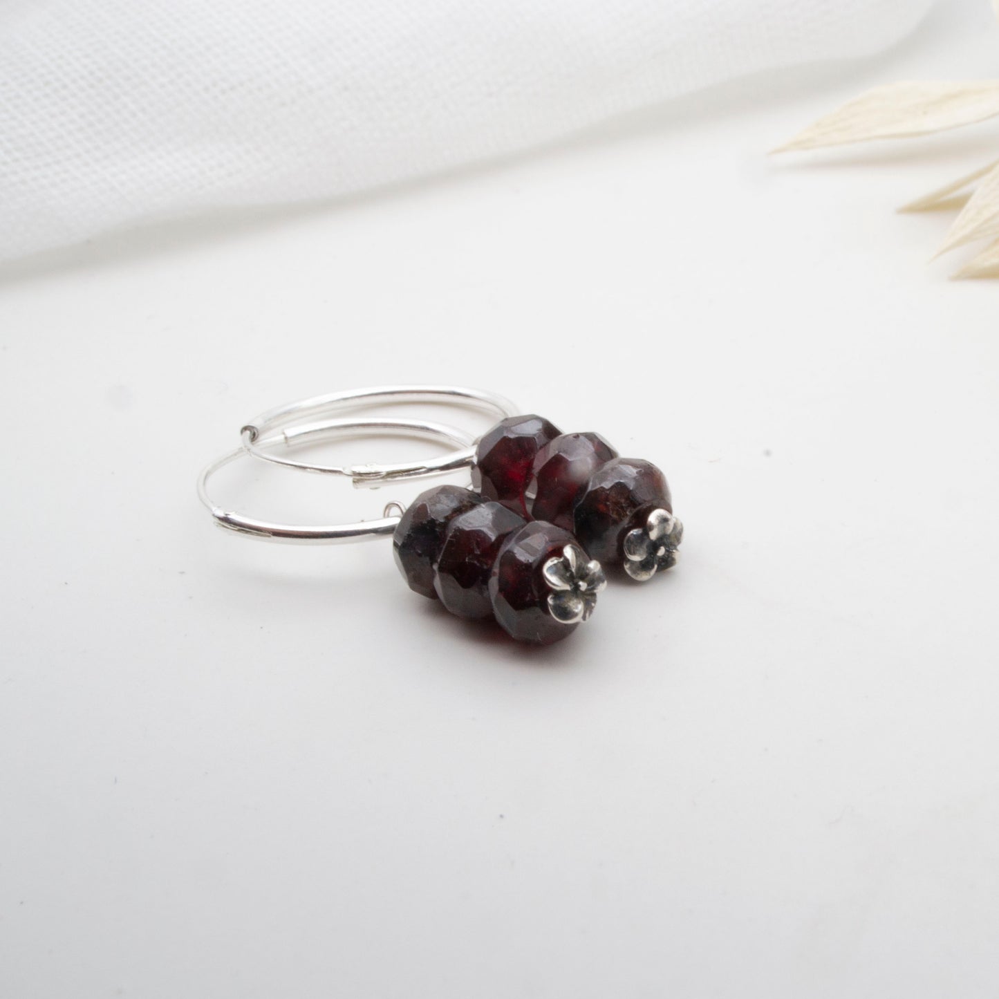 Garnet rondelle dangle hoop earrings