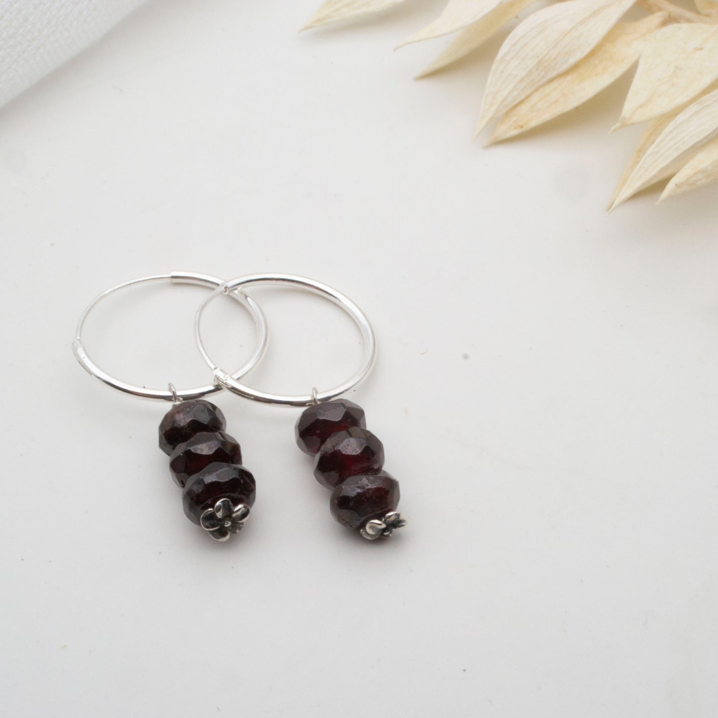 Garnet rondelle dangle hoop earrings