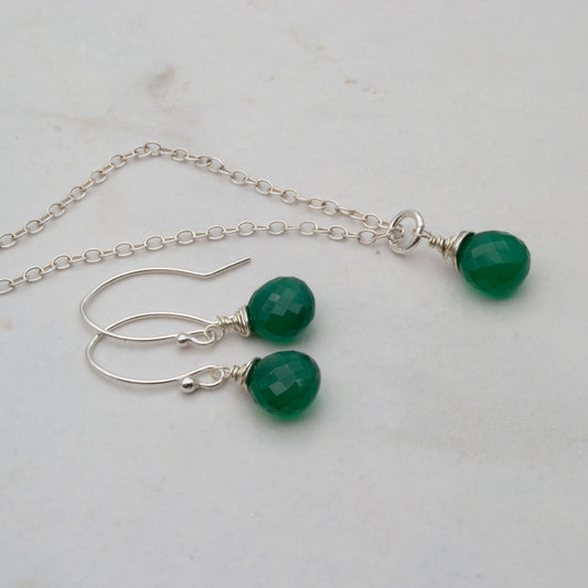 Deep green onyx necklace and earring set in sterling silver